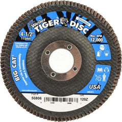 Weiler - 120 Grit, 4-1/2" Disc Diam, 7/8" Center Hole, Type 27 Zirconia Alumina Flap Disc - 12,000 Max RPM, Phenolic Backing, Arbor Attaching System, Coated - Industrial Tool & Supply