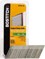 Stanley Bostitch - 15 Gauge 0.07" Shank Diam 1-1/2" Long Finishing Nails for Power Nailers - Steel, Bright Finish, Smooth Shank, Angled Stick Adhesive Collation, Round Head, Chisel Point - Industrial Tool & Supply