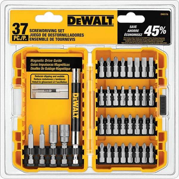 DeWALT - 37 Piece, Screwdriver Bit Set - SQ1, SQ2, SQ3, 1/4" Drive - Industrial Tool & Supply