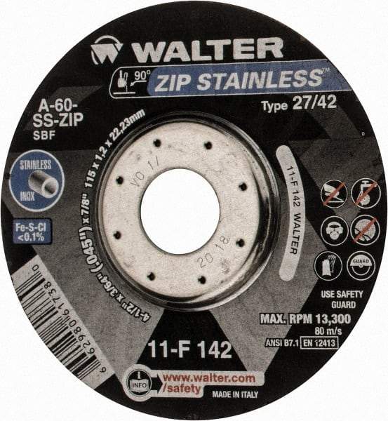 WALTER Surface Technologies - 60 Grit, 4-1/2" Wheel Diam, 3/64" Wheel Thickness, 7/8" Arbor Hole, Type 27 Depressed Center Wheel - Aluminum Oxide, Resinoid Bond, 13,300 Max RPM - Industrial Tool & Supply