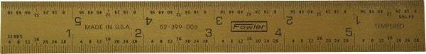 Fowler - 6" Long, 1/64, 1/32" and 0.5, 1mm Graduation, Rigid Steel Rule - English/Metric Graduation Style, 1/2" Wide, Yellow, Titanium Finish - Industrial Tool & Supply