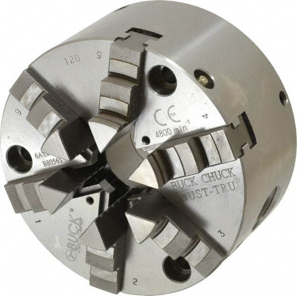 Buck Chuck Company - 6 Jaws, 5" Diam, Self Centering Manual Lathe Chuck - Front Mount, Adjustable, 4,125 Max RPM, 1.28" Through Hole Diam, Forged Steel - Industrial Tool & Supply