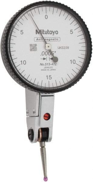 Mitutoyo - 0.03 Inch Range, 0.0005 Inch Dial Graduation, Horizontal Dial Test Indicator - 1.54 Inch White Dial, 0-15-0 Dial Reading, Accurate to 0.0005 Inch - Industrial Tool & Supply