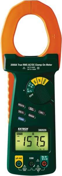 Extech - 380926, CAT IV, Digital True RMS Auto Ranging Clamp Meter with 2" Clamp On Jaws - 1000 VAC/VDC, 2000 AC/DC Amps, Measures Voltage, Capacitance, Current, Frequency, Resistance - Industrial Tool & Supply