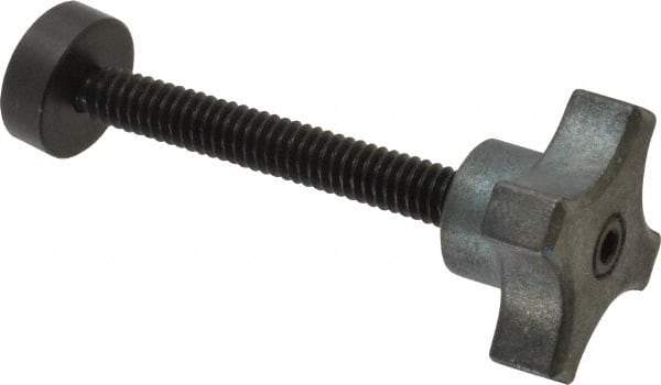 Made in USA - 1/4-20 Lobed Shoulder Swivel Pad Tip Steel Thumb Screw - 2-9/16" OAL, 1-1/8" Head Diam x 5/8" Head Height, Black Oxide Finish - Industrial Tool & Supply