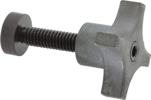 Made in USA - 5/16-18 Lobed Shoulder Swivel Pad Tip Steel Thumb Screw - 2-1/8" OAL, 1-1/2" Head Diam x 7/8" Head Height, Black Oxide Finish - Industrial Tool & Supply