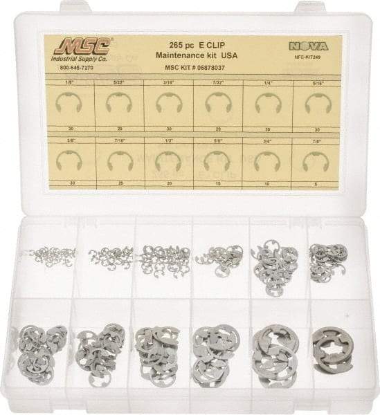 Made in USA - 265 Piece, 1/8 to 7/8", Steel, E Style External Retaining Ring Assortment - Includes Compartmented Case, Specification Labels - Industrial Tool & Supply