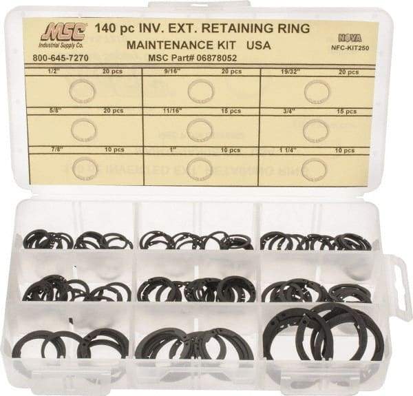 Made in USA - 140 Piece, 1/2 to 1-1/4", SpRing Assortment Steel, Snap External Retaining Ring Assortment - Includes Compartmented Case - Industrial Tool & Supply