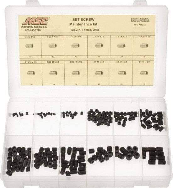 Value Collection - 200 Piece, #6-32 to 3/8-24, Steel Set Screw Assortment - Hex Head, Hex Socket Drive, 3/16 to 3/8" Long - Industrial Tool & Supply