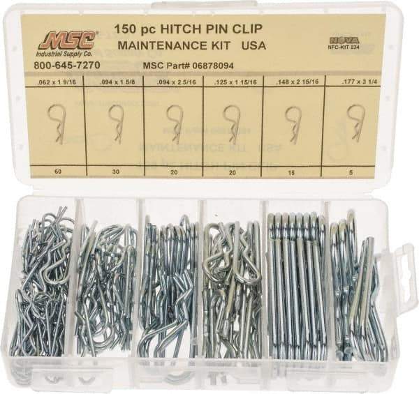 Value Collection - 150 Piece, 1/16 to 3/16" Pin Diam, Hitch Pin Assortment - 1-9/16 to 3-1/4" Long, Spring Steel - Industrial Tool & Supply