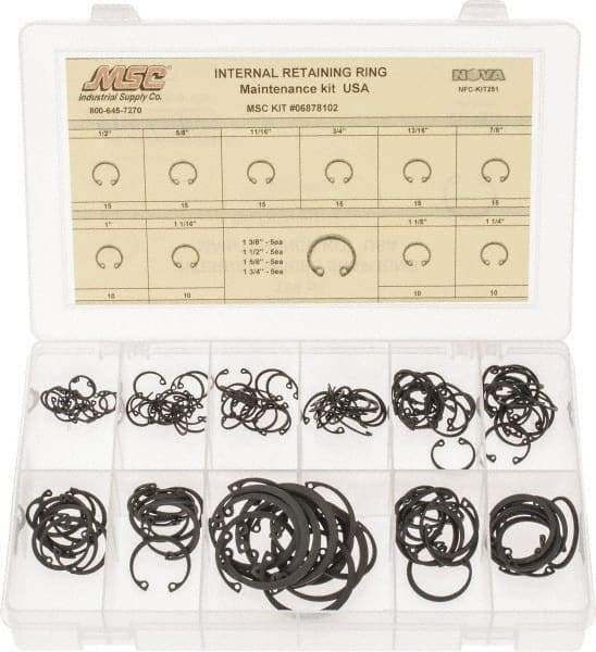 Made in USA - 150 Piece, 1/2 to 1-3/4", SpRing Assortment Steel, Snap Internal Retaining Ring Assortment - Includes Compartmented Case - Industrial Tool & Supply