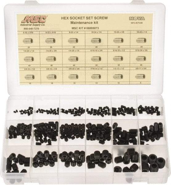 Value Collection - 400 Piece, #6-32 to 5/8-11, Steel Set Screw Assortment - Hex Head, Hex Socket Drive, 3/16 to 5/8" Long - Industrial Tool & Supply