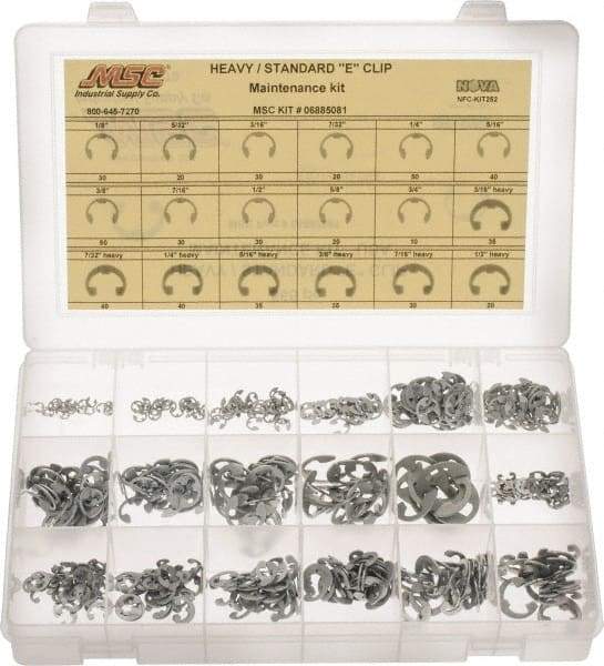 Made in USA - 565 Piece, 1/8 to 3/4", Steel, E Style External Retaining Ring Assortment - Includes Compartmented Case - Industrial Tool & Supply