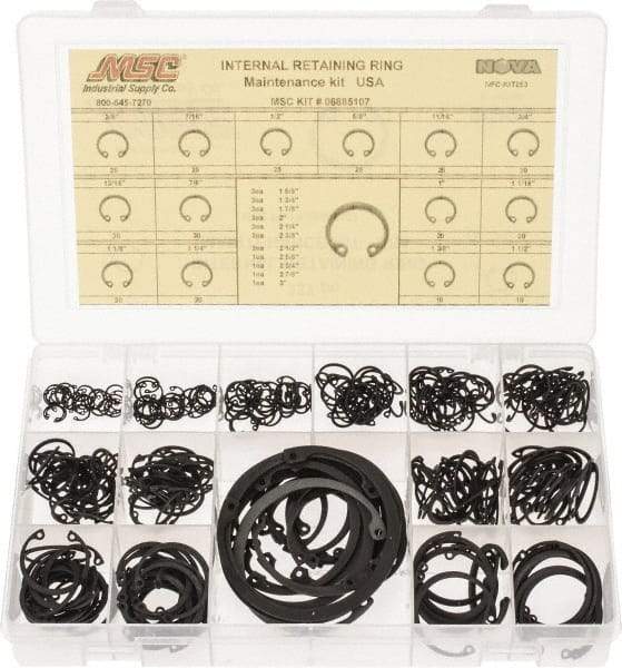 Made in USA - 337 Piece, 3/8 to 3", SpRing Assortment Steel, Snap Internal Retaining Ring Assortment - Includes Compartmented Case - Industrial Tool & Supply