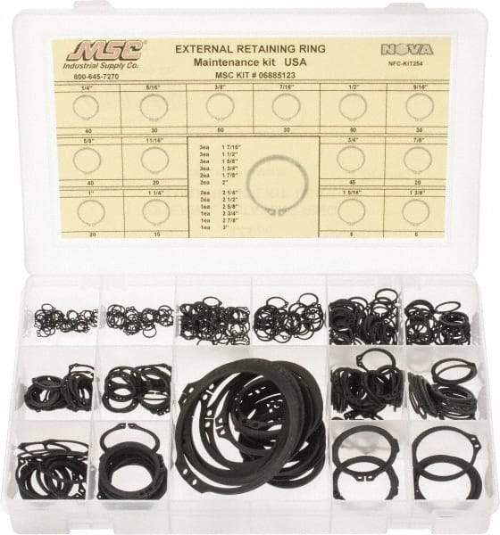 Made in USA - 444 Piece, 1/4 to 3", SpRing Assortment Steel, Snap External Retaining Ring Assortment - Includes Compartmented Case - Industrial Tool & Supply