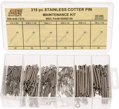 Value Collection - 315 Piece, 1/16 to 1/8" Pin Diam, Cotter Pin Assortment - 3/64 to 5/32" Long, Stainless Steel - Industrial Tool & Supply