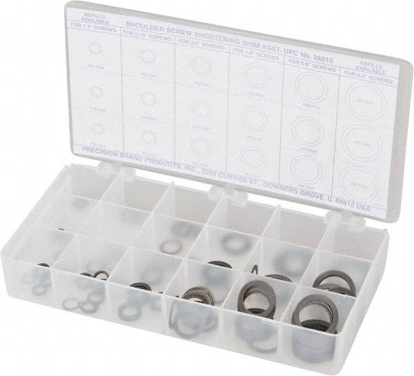 Precision Brand - 270 Piece, 1/4 to 3/4" Screw, Grade 1075 Spring Steel Flat Washer Assortment - Includes (15) 0.501 Inside x 0.738 OD Washer, (45) 0.252 to 0.751 Inside x 0.366 to 0.995 OD Washer & Compartmented Storage Case - Industrial Tool & Supply
