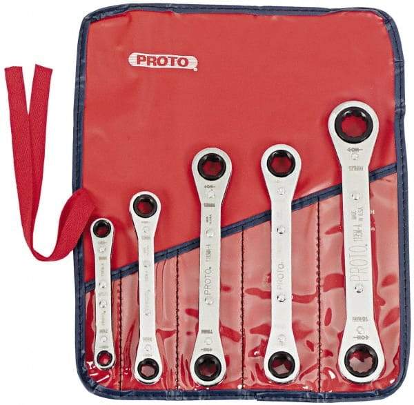 Proto - 5 Piece, 7mm to 17mm, 6, 12 Point Ratcheting Box Wrench Set - Metric Measurement Standard, Chrome Finish, Comes in Pouch - Industrial Tool & Supply