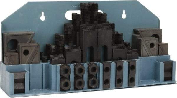Value Collection - 52 Piece Fixturing Step Block & Clamp Set with 1" Step Block, 11/16" T-Slot, 5/8-11 Stud Thread - 1-1/8" Nut Width, 3, 4, 5, 6, 7 & 8" Stud Lengths - Industrial Tool & Supply