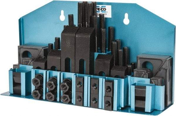 TE-CO - 52 Piece Fixturing Step Block & Clamp Set with 1" Step Block, 1/2" T-Slot, 3/8-16 Stud Thread - 7/8" Nut Width, 3, 4, 5, 6, 7 & 8" Stud Lengths - Industrial Tool & Supply