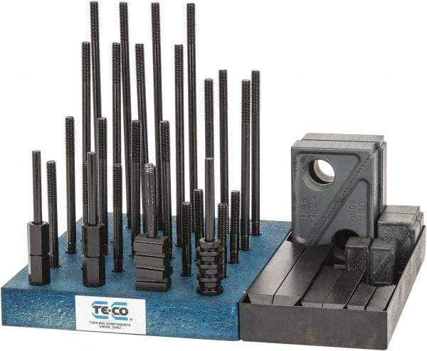 TE-CO - 50 Piece Fixturing Step Block & Clamp Set with 1" Step Block, 3/8" T-Slot, 5/16-18 Stud Thread - 5/8" Nut Width, 3, 4, 5, 6, 7 & 8" Stud Lengths - Industrial Tool & Supply