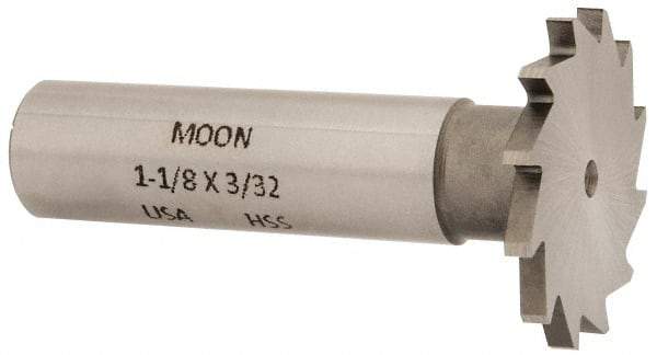 Made in USA - 1-1/8" Diam x 3/32" Face Width, High Speed Steel, 16 Teeth, Shank Connection Woodruff Keyseat Cutter - Uncoated, 2-3/16" OAL x 1/2" Shank, Straight Teeth - Industrial Tool & Supply