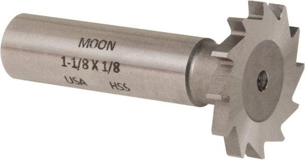 Made in USA - 1-1/8" Diam x 1/8" Face Width, High Speed Steel, 16 Teeth, Shank Connection Woodruff Keyseat Cutter - Uncoated, 2-3/16" OAL x 1/2" Shank, Straight Teeth - Industrial Tool & Supply