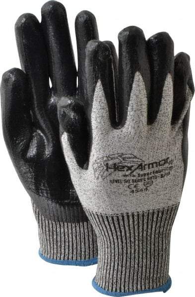 HexArmor - Size M (8), ANSI Cut Lvl A8, Puncture Lvl 5, Nitrile Coated Cut & Puncture Resistant Gloves - Palm & Fingers Coated, SuperFabric/HPPE Lining, Knit Wrist, Gray/Black, Paired - Industrial Tool & Supply