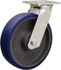 Hamilton - 8" Diam x 2" Wide x 9-1/2" OAH Top Plate Mount Swivel Caster - Polyurethane Mold onto Cast Iron Center, 900 Lb Capacity, Sealed Precision Ball Bearing, 4 x 4-1/2" Plate - Industrial Tool & Supply