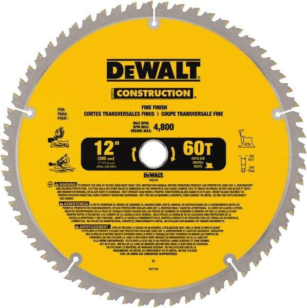 DeWALT - 12" Diam, 1" Arbor Hole Diam, 60 Tooth Wet & Dry Cut Saw Blade - Carbide-Tipped, Fine Finishing Action, Standard Round Arbor - Industrial Tool & Supply