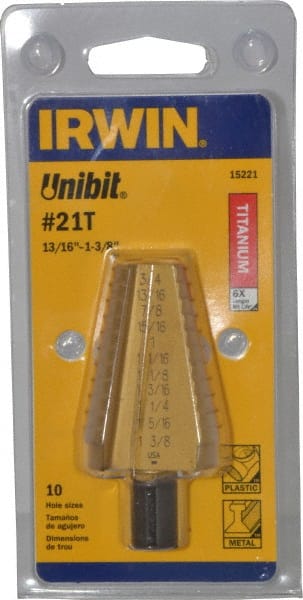 Irwin - 10 Hole Sizes, 13/16 to 1-3/8" Hole Diam High Speed Steel Standard Point Step Drill Bit - Industrial Tool & Supply