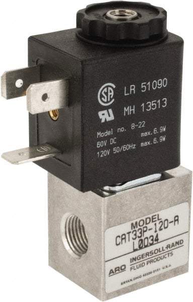 ARO/Ingersoll-Rand - 1/8", CAT Series 3-Way 2-Position Body Ported Stacking Solenoid Valve - 24 VDC, 0.048 CV Rate, 2.43" High x 7/8" Long - Industrial Tool & Supply