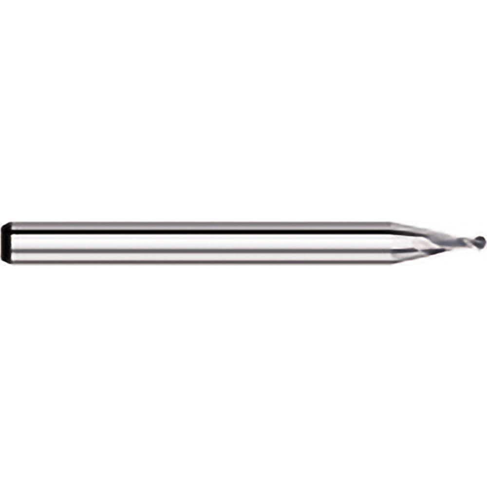 Ball End Mill: 0.01″ Dia, 0.015″ LOC, 2 Flute, Solid Carbide 1-1/2″ OAL, 1/8″ Shank Dia, 30 ° Helix, Uncoated, Single End