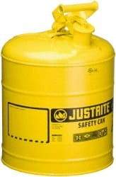 Justrite - 5 Gal Galvanized Steel Self-Closing, Self-Venting, Full-Length Flame Arrester - 16-7/8" High x 11-3/4" Diam, Yellow - Industrial Tool & Supply