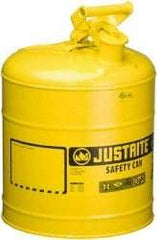 Justrite - 5 Gal Galvanized Steel Self-Closing, Self-Venting, Full-Length Flame Arrester - 16-7/8" High x 11-3/4" Diam, Yellow - Industrial Tool & Supply