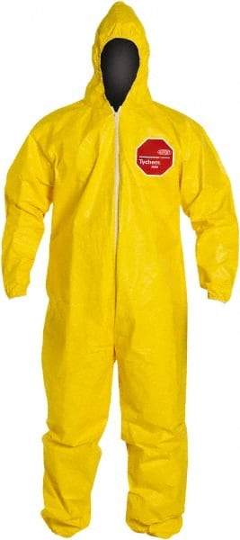 Dupont - Size XL PE Film Chemical Resistant Coveralls - Yellow, Zipper Closure, Elastic Cuffs, Elastic Ankles, Serged Seams - Industrial Tool & Supply