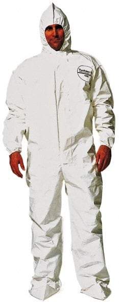 Dupont - Size 4XL Saranex Chemical Resistant Coveralls - White, Zipper Closure, Elastic Cuffs, Open Ankles, Bound Seams - Industrial Tool & Supply