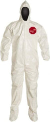 Dupont - Size M Saranex Chemical Resistant Coveralls - White, Zipper Closure, Elastic Cuffs, Open Ankles, Bound Seams - Industrial Tool & Supply