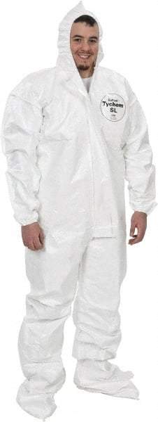 Dupont - Size 3XL Saranex Chemical Resistant Coveralls - White, Zipper Closure, Elastic Cuffs, Open Ankles, Bound Seams - Industrial Tool & Supply