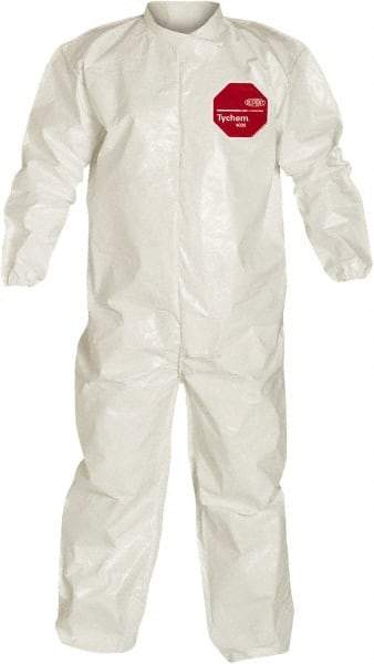 Dupont - Size L Saranex Chemical Resistant Coveralls - White, Zipper Closure, Elastic Cuffs, Elastic Ankles, Bound Seams - Industrial Tool & Supply