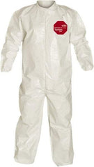 Dupont - Size L Saranex Chemical Resistant Coveralls - White, Zipper Closure, Elastic Cuffs, Elastic Ankles, Bound Seams - Industrial Tool & Supply