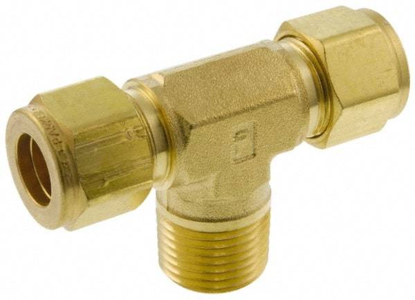 Parker - 5/8" OD, Brass Male Branch Tee - 2,000 Max Working psi, 7/8" Hex, Comp x Comp x MNPT Ends - Industrial Tool & Supply