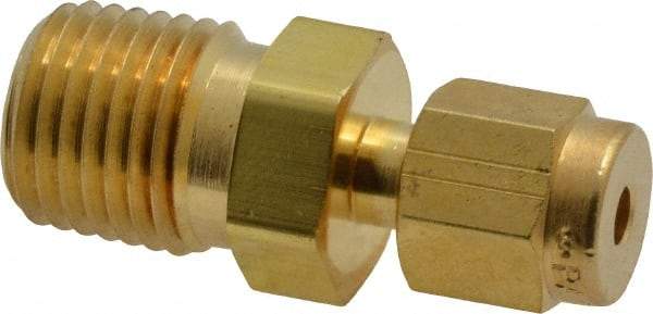 Parker - 1/8" OD, Brass Male Connector - 3,600 Max Working psi, 9/16" Hex, Comp x MNPT Ends - Industrial Tool & Supply