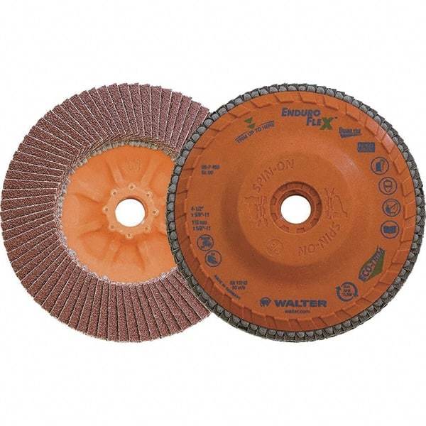 WALTER Surface Technologies - 60 Grit, 4-1/2" Disc Diam, 5/8-11 Center Hole, Zirconia Alumina Flap Disc - 13,300 Max RPM, Plastic Backing, Arbor Attaching System, Coated - Industrial Tool & Supply