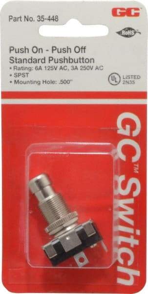 GC/Waldom - 1/2 Inch Mount Hole, Miniature Pushbutton Switch Only - Round, Chrome Pushbutton, Nonilluminated, Maintained (MA), On-Off - Industrial Tool & Supply