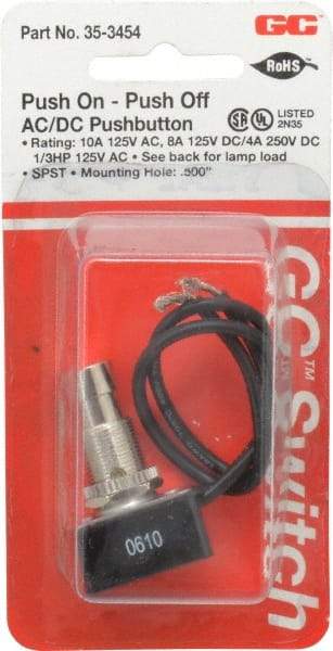 GC/Waldom - 1/2 Inch Mount Hole, Pushbutton Switch Only - Round, Chrome Pushbutton, Nonilluminated, Maintained (MA), On-Off - Industrial Tool & Supply