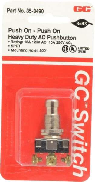 GC/Waldom - 1/2 Inch Mount Hole, Pushbutton Switch Only - Round, Chrome Pushbutton, Nonilluminated, Maintained (MA), On-On - Industrial Tool & Supply