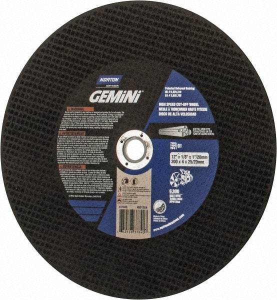 Norton - 12" 24 Grit Aluminum Oxide/Silicon Carbide Blend Cutoff Wheel - 1/8" Thick, 1" Arbor, 6,360 Max RPM, Use with Electric & Gas Powered Saws - Industrial Tool & Supply