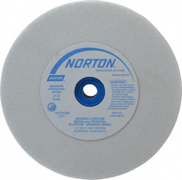 Norton - 60 Grit Aluminum Oxide Bench & Pedestal Grinding Wheel - 6" Diam x 1" Hole x 3/4" Thick, 4140 Max RPM, J Hardness, Medium Grade , Vitrified Bond - Industrial Tool & Supply