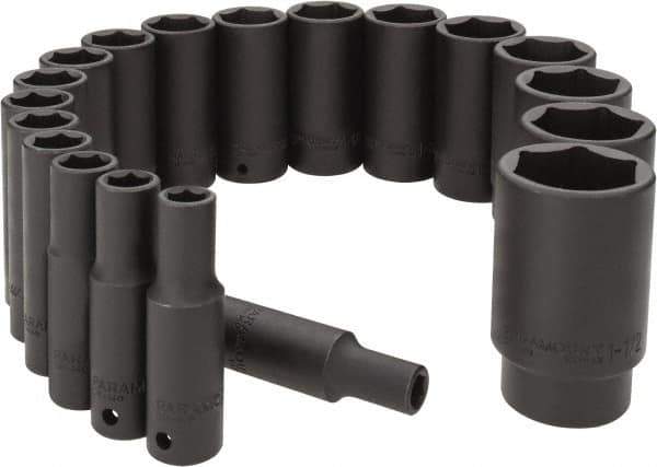Paramount - 19 Piece 1/2" Drive Deep Well Impact Socket Set - 6 Points, 3/8" to 1-1/2" Range, Inch Measurement Standard - Industrial Tool & Supply